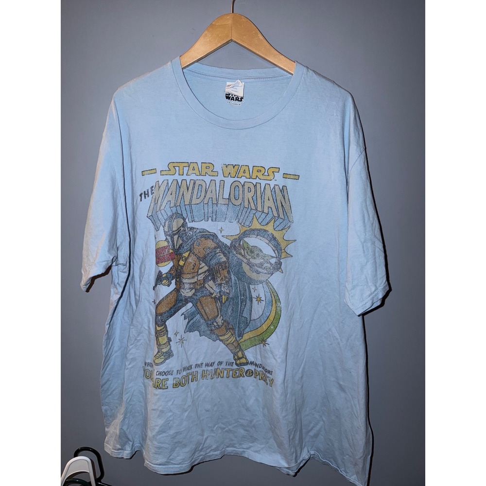 Star Wars The Mandalorian Graphic T-Shirt Light Blue 3XL Grogu Hunter & Prey Tee